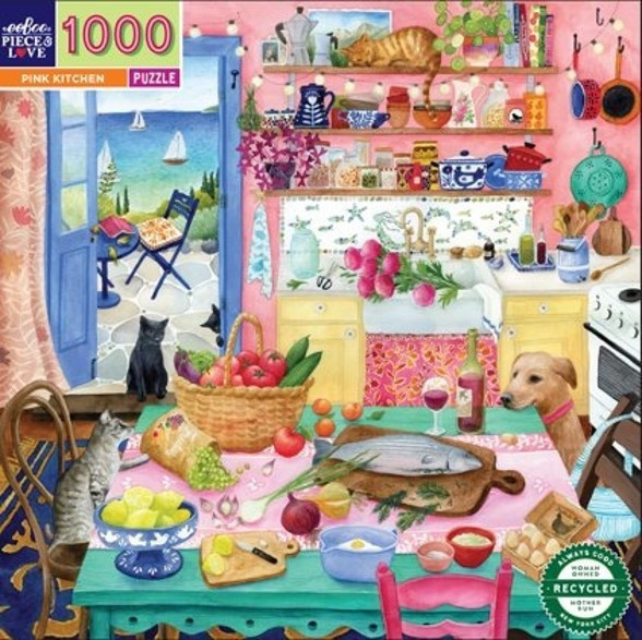 #現貨# 法國品牌 eeBoo / Pink Kitchen - 粉色系廚房  / 1000片 黑咖啡拼圖,拼圖,現貨,粉色系廚房,廚房,廚房系列,粉色系,可愛,溫暖,溫馨,可愛,小動物,特色,藝術家,藝術,主題,1000片,eeBoo,美國品牌