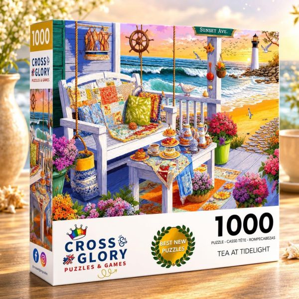 *預購271*美國品牌 Cross & Glory / 茶敘時光 / 1000片 黑咖啡拼圖,拼圖,預購,茶敘時光,茶敘,時光,愜意,海濱,溫暖,落日,飛鳥,小屋,色彩,細節豐富,層次感,美麗,特色,藝術家,藝術,主題,1000片,Cross&Glory,美國品牌