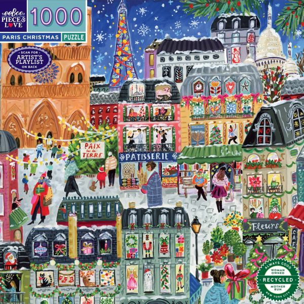 #現貨# 美國品牌 eeBoo /  Paris Christmas - 巴黎聖誕節 / 1000片 黑咖啡拼圖,拼圖,現貨,巴黎耶誕節,巴黎,城市,耶誕節,浪漫,節日,喜悅,艾菲爾鐵塔,商店,花店,禮物,街景,美好,特色,藝術家,藝術,主題,1000片,eeBoo,美國品牌