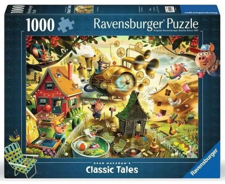 #現貨# 德國品牌 Ravensburger / Three Little Pigs in the Air - 三隻小豬 / 1000片 黑咖啡拼圖,拼圖,現貨,三隻小豬,童話故事,經典,可愛,逗趣,故事,細節,角色,特色,藝術家,藝術,主題,1000片,Ravensburger,德國品牌