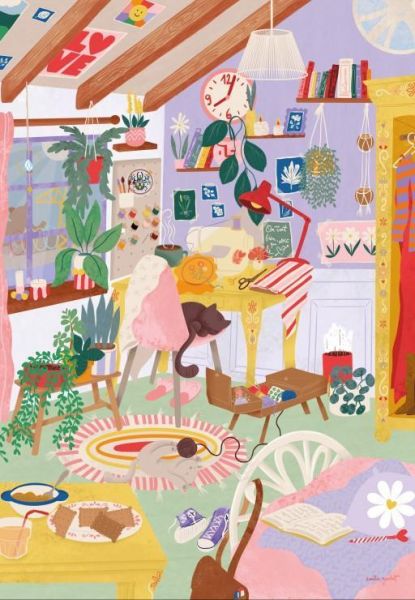 預購275*法國品牌 Pieces & Peace / 縫紉工作室 / 1000片 黑咖啡拼圖,拼圖,預購,縫紉工作室,縫紉,工作室,貓咪,元素,工具,溫馨,縫紉機,布料,藝術能量,柔和,角落,創作,色彩,細節豐富,特色,藝術家,藝術,主題,1000片,PiecesPeace,法國品牌