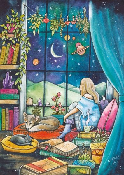 *預購208*土耳其品牌 Magnolia / 夜晚來臨 / 1000片 黑咖啡拼圖,拼圖,預購,夜晚來臨,夜晚,閃爍星星,環繞行星,書籍,狐狸,貓咪,溫暖,細膩,奇幻,特色,藝術家,藝術,主題,1000片,Magnolia,土耳其品牌
