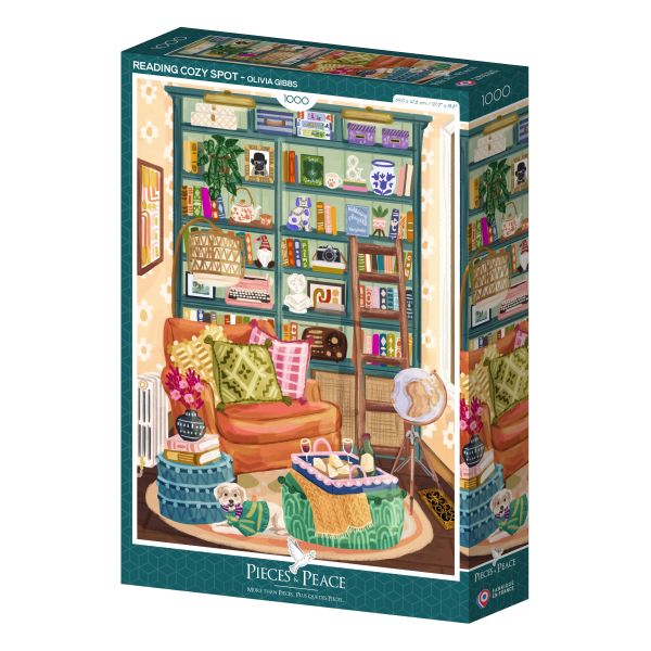 *預購257*法國品牌 Pieces & Peace / 溫馨閱讀角落 / 1000片 黑咖啡拼圖,拼圖,預購,溫馨閱讀角落,溫馨,閱讀,角落,狗狗,書櫃,舒適,愜意,色彩,動物陪伴,溫暖,特色,藝術家,藝術,主題,1000片,PiecesPeace,法國品牌
