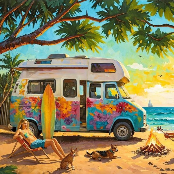 *預購243*波蘭品牌 Cherry Pazzi / 等待海浪 / 1000片 黑咖啡拼圖,拼圖,預購,等待海浪,海邊,海浪,衝浪,露營車,露營,自在,旅行,多彩,特色,藝術家,藝術,主題,1000片,Cherry Pazzi,波蘭品牌