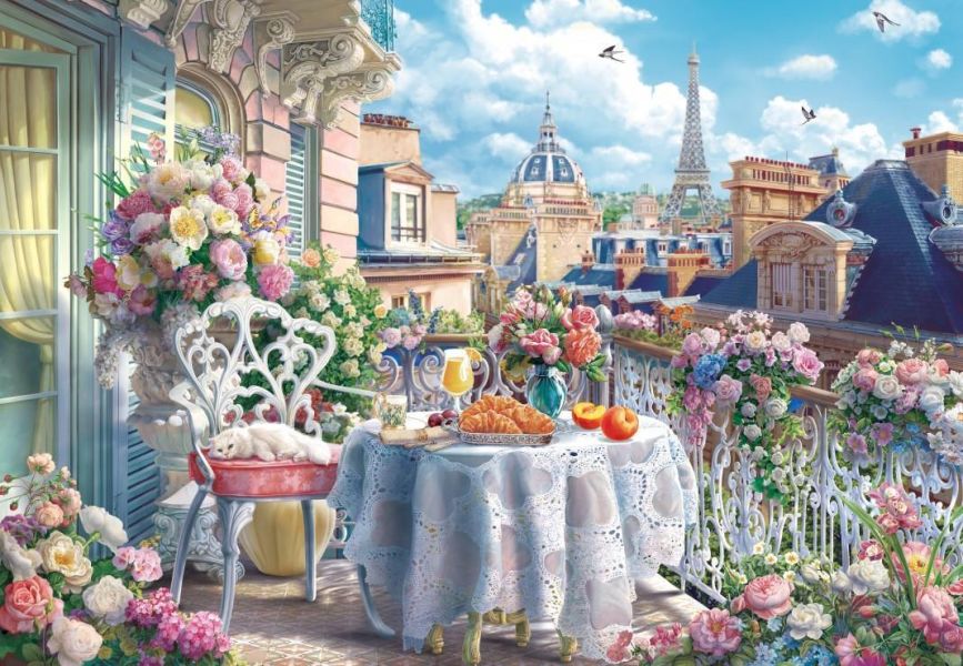 #現貨# 法國品牌 Bluebird / Breakfast on the Balcony in Paris - 巴黎陽台的早餐時光 / 1000片 黑咖啡拼圖,拼圖,現貨,巴黎陽台的早餐時光,巴黎,陽台,早餐時光,法國,浪漫,悠閒,細節,鮮花,陪伴,艾菲爾鐵塔,美麗,特色,藝術家,藝術,主題,1000片,Bluebird,法國品牌