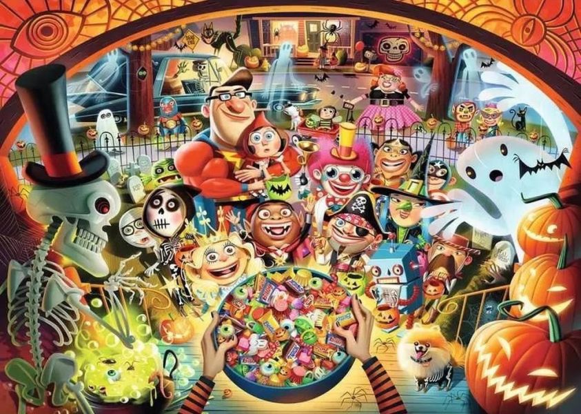 #現貨# 德國品牌 Ravensburger / Trick or Treat! - 不給糖就搗蛋 / 1000片 黑咖啡拼圖,拼圖,現貨,不給糖就搗蛋,萬聖節,節日,氛圍,裝扮,角色,有趣,糖果,細節,氛圍,特色,藝術家,藝術,主題,1000片,Ravensburger,德國品牌