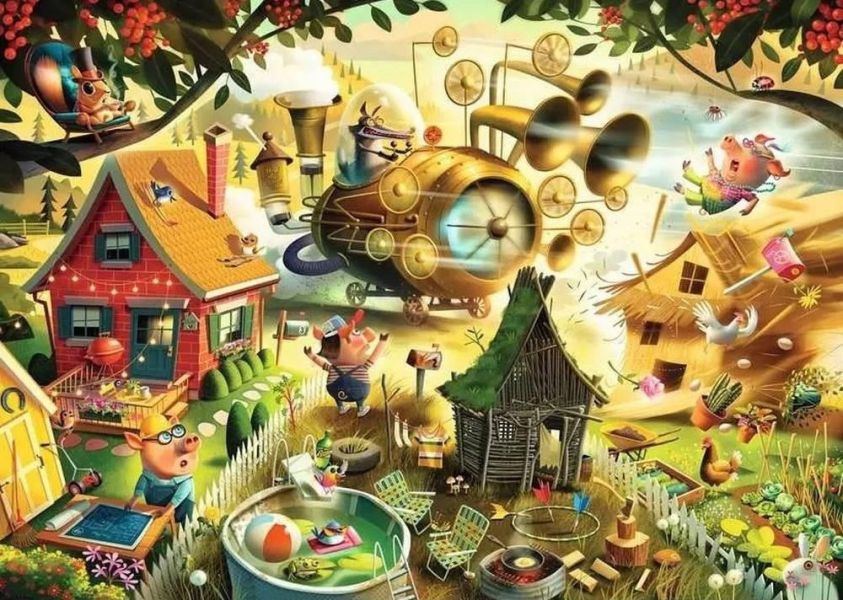 #現貨# 德國品牌 Ravensburger / Three Little Pigs in the Air - 三隻小豬 / 1000片 黑咖啡拼圖,拼圖,現貨,三隻小豬,童話故事,經典,可愛,逗趣,故事,細節,角色,特色,藝術家,藝術,主題,1000片,Ravensburger,德國品牌