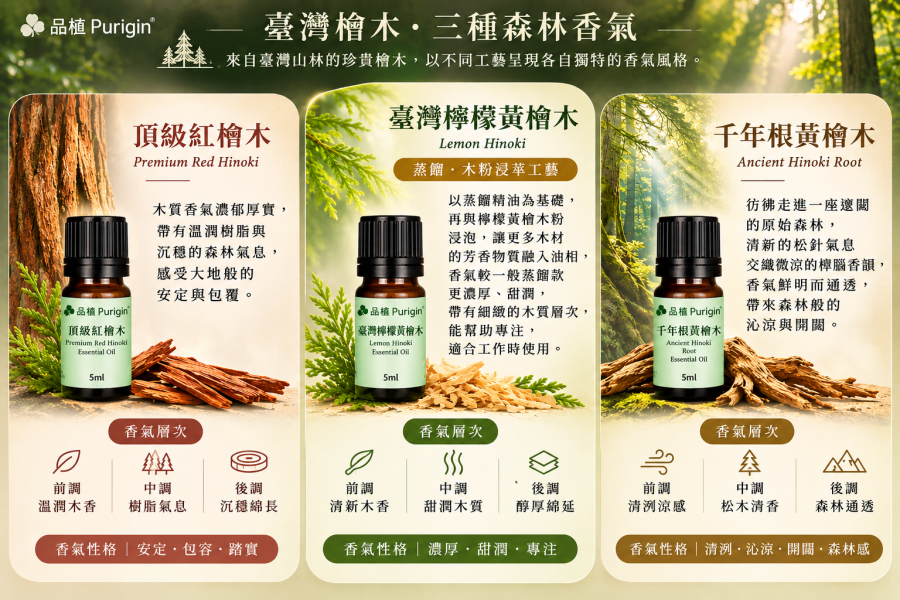 臺灣珍稀木質精油禮盒｜三木森藏・四木典藏 臺灣檜木精油禮盒、臺灣精油禮盒、紅檜精油、檸檬黃檜精油、千年根黃檜精油、臺灣肖楠精油、低溫沉水肖楠、木質精油、天然精油禮盒、精油送禮、聖誕禮物、新年禮物、品植Purigin