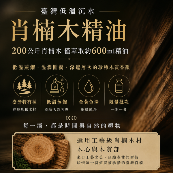 肖楠木精油 低溫沉水 常規 臺灣低溫沉水肖楠,
臺灣肖楠,
沉水肖楠,
肖楠木精油,
低溫蒸餾肖楠,
低溫沉水肖楠精油,
臺灣木質精油,
木質香氛,
木質調精油,
天然植物精油,
工藝級肖楠,
肖楠木香,
肖楠香氣,
空間擴香,
香氛調香,
Calocedrus formosana,
Taiwan Incense Cedar,
Purigin 品植