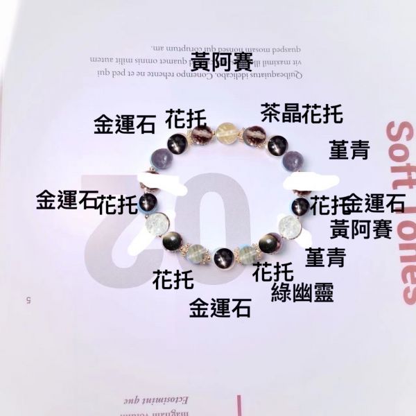 13.5 注金 6花托金運石金曜石白阿賽堇青 綠幽靈 黃阿賽 