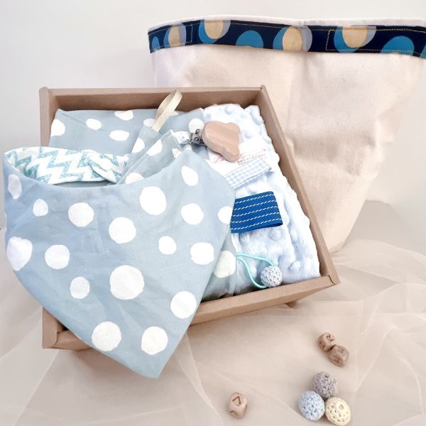 Blue gray dots Baby Full-Month Shower Gift Box Baby Bib,  Pacifier chain Set,baby gift,Baby Full-Month Shower Gift Box