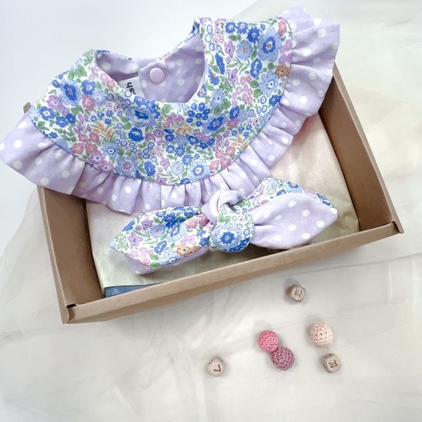 Purple Flowers  Baby Full-Month Shower Gift Box Baby Bib,  Babies’ hairband Set