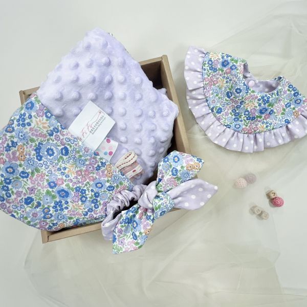 Purple Flowers  Baby Full-Month Shower Gift Box Baby Bib,  Babies’ hairband Set