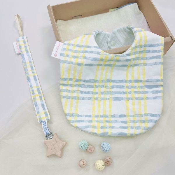 Yellow line plaid Baby Full-Month Shower Gift Box Baby Bib,  pacifier chain,baby gift