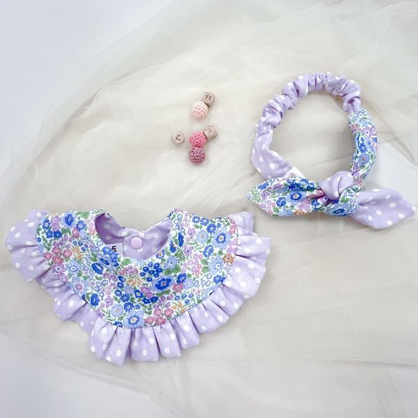 Purple Flowers  Baby Full-Month Shower Gift Box Baby Bib,  Babies’ hairband Set