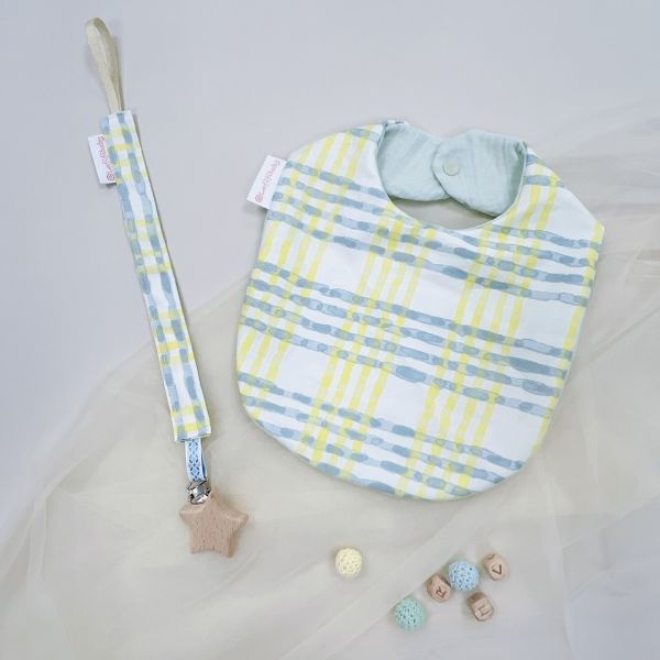 Yellow line plaid Baby Full-Month Shower Gift Box Baby Bib,  pacifier chain,baby gift