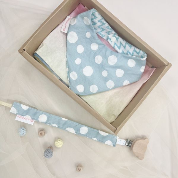 Blue gray dots Baby Full-Month Shower Gift Box Baby Bib,  pacifier chain,baby gift