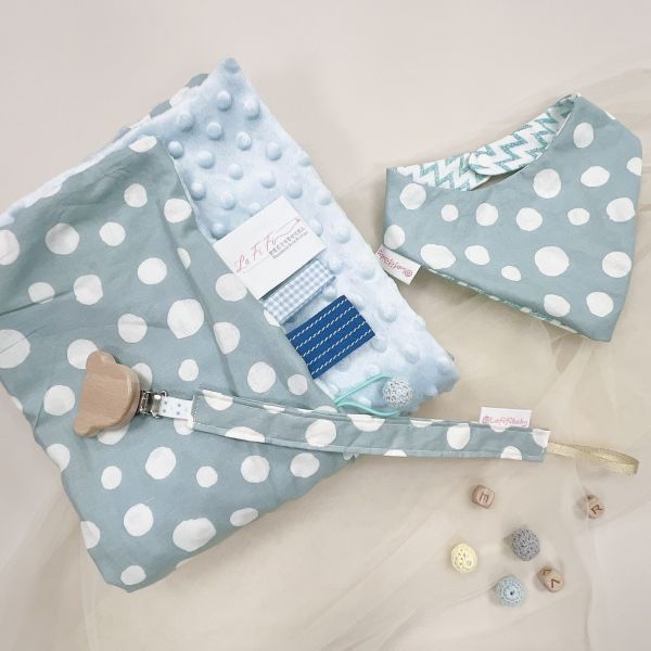 Blue gray dots Baby Full-Month Shower Gift Box Baby Bib,  Pacifier chain Set,baby gift,Baby Full-Month Shower Gift Box