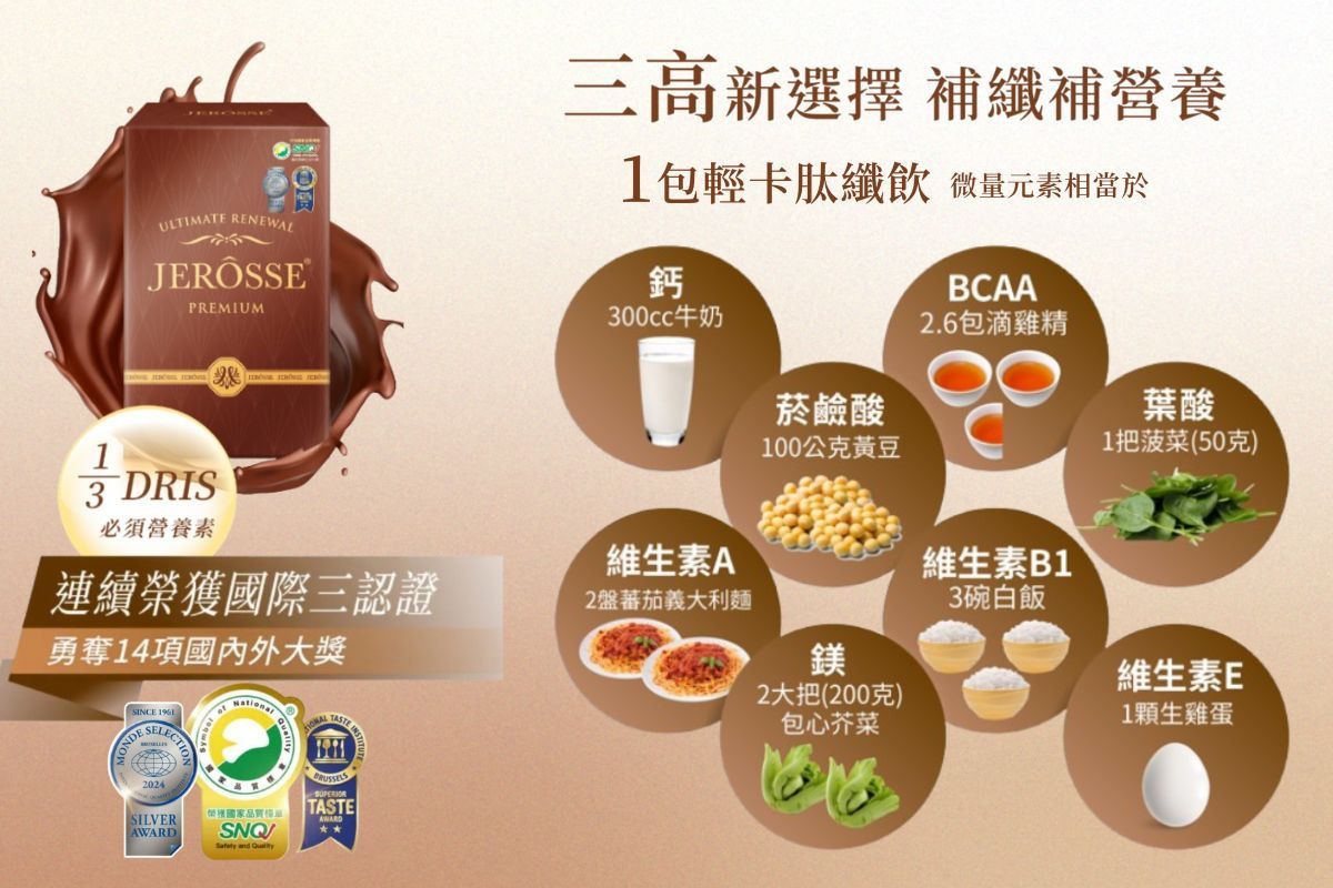 輕卡肽纖飲，一包補足每日1/3營養，低熱量高營養的全素可可飲品