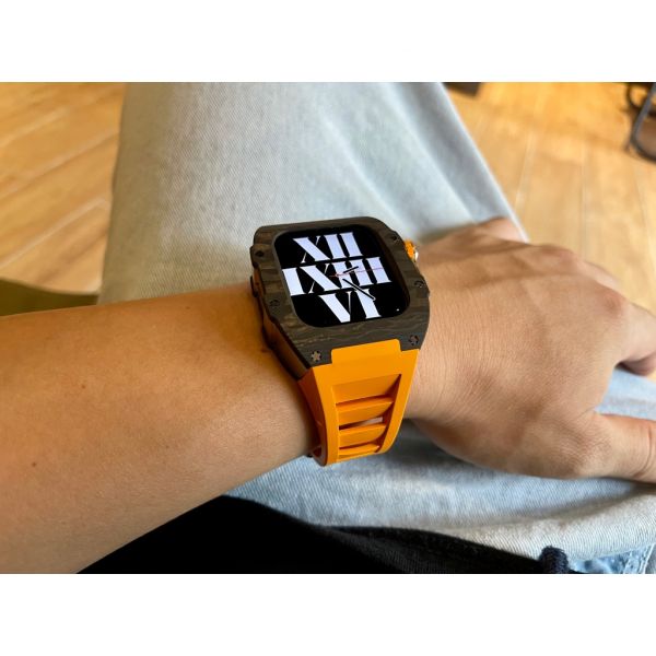 Apple Watch RSC-Carbon 44mm、45mm 黑色碳纖維手錶殼(橘色錶冠+橘色橡膠錶帶) Apple Watch手錶殼,Apple Watch不鏽鋼殼,Apple Watch錶殼,Apple Watch保護殼,Apple Watch錶帶