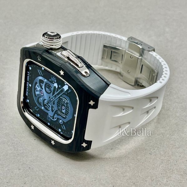 Apple Watch 10 RSC2-Carbon 46mm 黑銀色碳纖維手錶殼(白色錶冠環+白色橡膠錶帶) Apple Watch手錶殼,Apple Watch不鏽鋼殼,Apple Watch保護殼,Apple Watch鋁合金殼,Apple Watch鈦合金殼,Apple Watch碳纖維殼,Apple Watch石英纖維,Apple Watch透明錶殼,Apple Watch水晶錶殼,Apple Watch錶帶