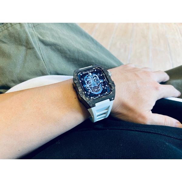 Apple Watch RSC-Carbon 44mm、45mm 黑色碳纖維銀框手錶殼(白色錶冠雙環+白色橡膠錶帶) Apple Watch手錶殼,Apple Watch不鏽鋼殼,Apple Watch保護殼,Apple Watch鋁合金殼,Apple Watch碳纖維殼,Apple Watch錶帶