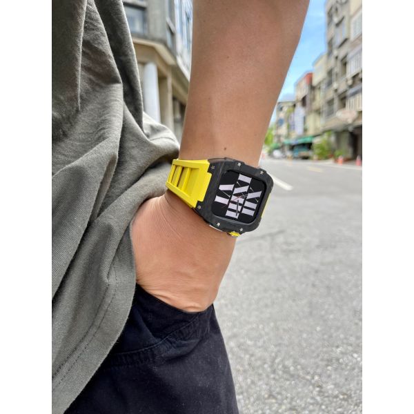 Apple Watch RSC-Carbon 44mm、45mm 黑色碳纖維手錶殼(黃色錶冠+黃色橡膠錶帶) Apple Watch手錶殼,Apple Watch不鏽鋼殼,Apple Watch錶殼,Apple Watch保護殼,Apple Watch錶帶