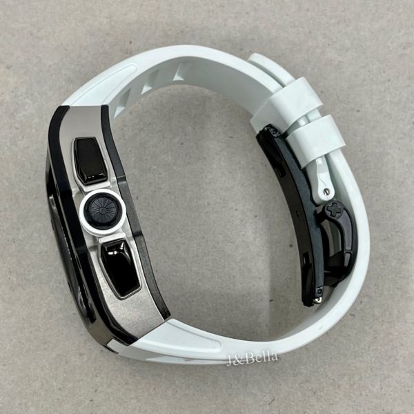 Apple Watch RSC3-Titanium 44mm、45mm 黑銀色鈦合金手錶殼(白色錶冠環+白色橡膠錶帶) Apple Watch手錶殼,Apple Watch不鏽鋼殼,Apple Watch保護殼,Apple Watch鋁合金殼,Apple Watch鈦合金殼,Apple Watch碳纖維殼,Apple Watch透明錶殼,Apple Watch錶帶