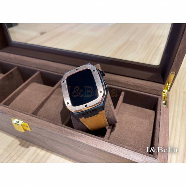 Apple Watch 44mm 手錶殼(黑色-玫瑰金框-棕色牛皮錶帶) Apple Watch手錶殼,Apple Watch不鏽鋼殼,Apple Watch錶殼,Apple Watch保護殼,Apple Watch錶帶