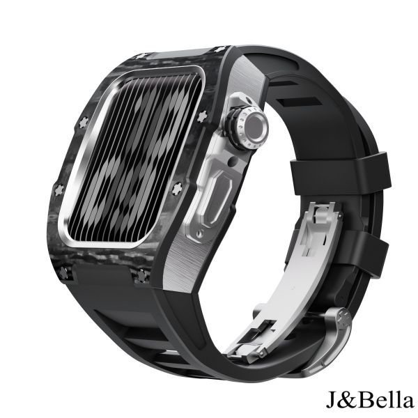 Apple Watch RSC-Carbon 44mm、45mm 黑色碳纖維銀框手錶殼(黑色錶冠雙環+黑色橡膠錶帶) Apple Watch手錶殼,Apple Watch不鏽鋼殼,Apple Watch保護殼,Apple Watch鋁合金殼,Apple Watch碳纖維殼,Apple Watch錶帶