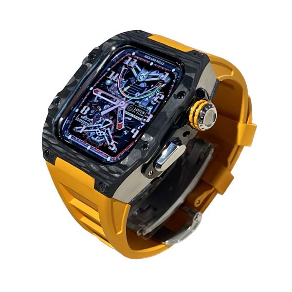 Apple Watch RSC-Carbon 44mm、45mm 黑色碳纖維銀框手錶殼(橘色錶冠雙環+橘色橡膠錶帶) Apple Watch手錶殼,Apple Watch不鏽鋼殼,Apple Watch保護殼,Apple Watch鋁合金殼,Apple Watch碳纖維殼,Apple Watch錶帶