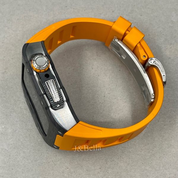 Apple Watch RSC-Carbon 44mm、45mm 黑色碳纖維手錶殼(橘色錶冠+橘色橡膠錶帶) Apple Watch手錶殼,Apple Watch不鏽鋼殼,Apple Watch錶殼,Apple Watch保護殼,Apple Watch錶帶
