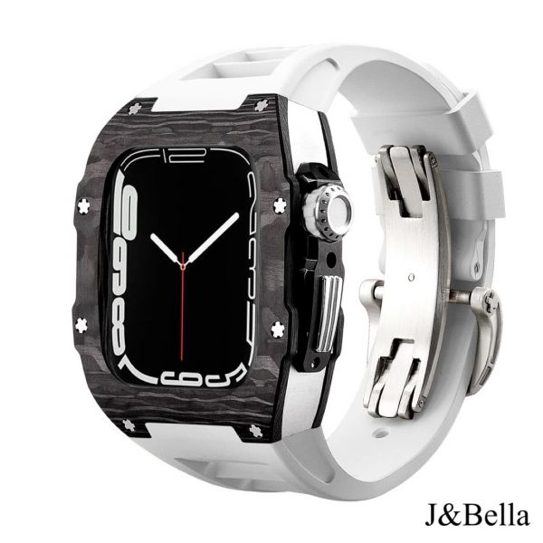Apple Watch RSC-Carbon 44mm、45mm 黑色碳纖維手錶殼(白色錶冠+白色橡膠錶帶) Apple Watch手錶殼,Apple Watch不鏽鋼殼,Apple Watch錶殼,Apple Watch保護殼,Apple Watch錶帶