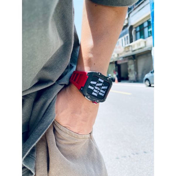 Apple Watch RSC-Carbon 44mm、45mm 黑色碳纖維手錶殼(紅色錶冠+紅色橡膠錶帶) Apple Watch手錶殼,Apple Watch不鏽鋼殼,Apple Watch錶殼,Apple Watch保護殼,Apple Watch錶帶