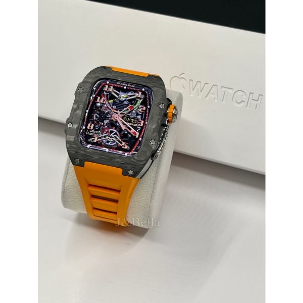 Apple Watch RSC-Carbon 44mm、45mm 黑色碳纖維手錶殼(橘色錶冠+橘色橡膠錶帶) Apple Watch手錶殼,Apple Watch不鏽鋼殼,Apple Watch錶殼,Apple Watch保護殼,Apple Watch錶帶