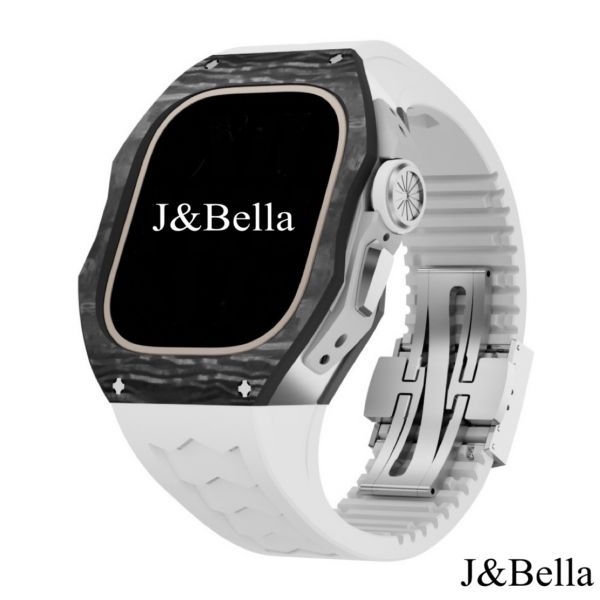 Apple Watch Ultra 49mm 黑銀碳纖維手錶殼(白色錶冠+白色橡膠錶帶) Apple Watch手錶殼,Apple Watch不鏽鋼殼,Apple Watch保護殼,Apple Watch鋁合金殼,Apple Watch碳纖維殼,Apple Watch透明錶殼,Apple Watch錶帶