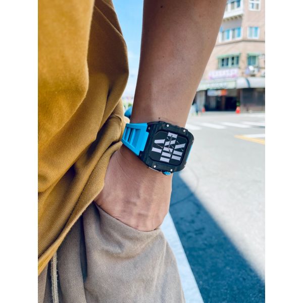 Apple Watch RSC-Carbon 44mm、45mm 黑色碳纖維手錶殼(邁阿密藍錶冠+邁阿密藍橡膠錶帶) Apple Watch手錶殼,Apple Watch不鏽鋼殼,Apple Watch錶殼,Apple Watch保護殼,Apple Watch錶帶