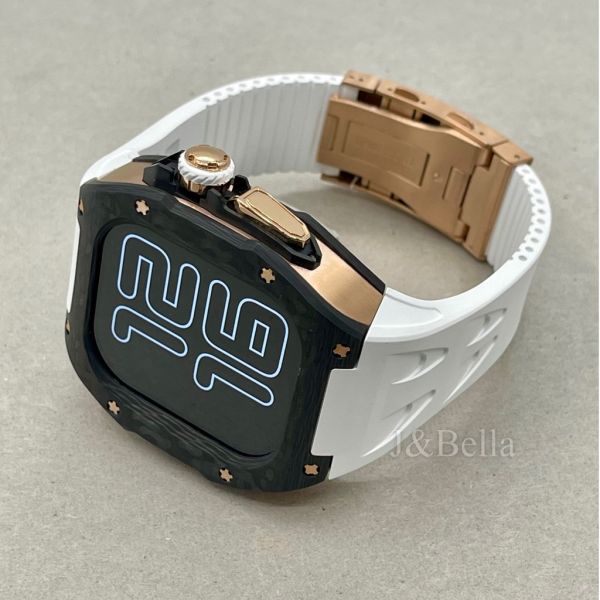 Apple Watch RSC2-Carbon Ultra 49mm 黑玫瑰金色碳纖維手錶殼(白色錶冠環+白色橡膠錶帶) Apple Watch手錶殼,Apple Watch不鏽鋼殼,Apple Watch保護殼,Apple Watch鋁合金殼,Apple Watch鈦合金殼,Apple Watch碳纖維殼,Apple Watch透明錶殼,Apple Watch錶帶