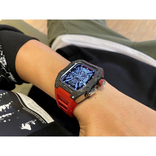 Apple Watch RSC-Carbon 44mm、45mm 黑色碳纖維銀框手錶殼(紅色錶冠雙環+紅色橡膠錶帶) Apple Watch手錶殼,Apple Watch不鏽鋼殼,Apple Watch保護殼,Apple Watch鋁合金殼,Apple Watch碳纖維殼,Apple Watch錶帶