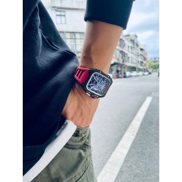 Apple Watch RSC-Carbon 44mm、45mm 黑色碳纖維銀框手錶殼(紅色錶冠雙環+紅色橡膠錶帶) Apple Watch手錶殼,Apple Watch不鏽鋼殼,Apple Watch保護殼,Apple Watch鋁合金殼,Apple Watch碳纖維殼,Apple Watch錶帶