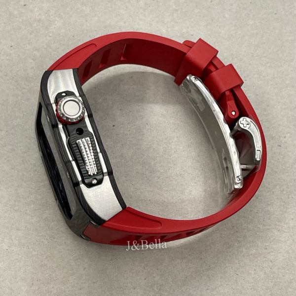 Apple Watch RSC-Carbon 44mm、45mm 黑色碳纖維手錶殼(紅色錶冠+紅色橡膠錶帶) Apple Watch手錶殼,Apple Watch不鏽鋼殼,Apple Watch錶殼,Apple Watch保護殼,Apple Watch錶帶