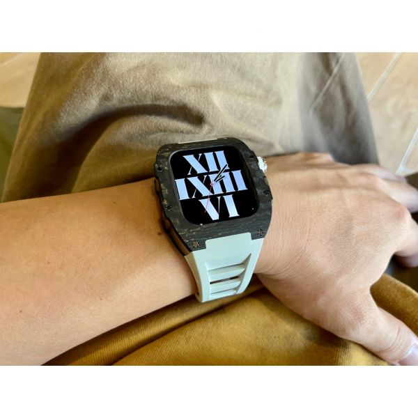 Apple Watch RSC-Carbon 44mm、45mm 黑色碳纖維手錶殼(白色錶冠+白色橡膠錶帶) Apple Watch手錶殼,Apple Watch不鏽鋼殼,Apple Watch錶殼,Apple Watch保護殼,Apple Watch錶帶