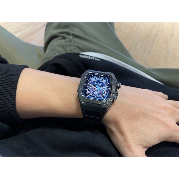 Apple Watch RSC-Carbon 44mm、45mm 黑色碳纖維銀框手錶殼(黑色錶冠雙環+黑色橡膠錶帶) Apple Watch手錶殼,Apple Watch不鏽鋼殼,Apple Watch保護殼,Apple Watch鋁合金殼,Apple Watch碳纖維殼,Apple Watch錶帶