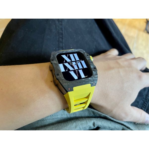 Apple Watch RSC-Carbon 44mm、45mm 黑色碳纖維手錶殼(黃色錶冠+黃色橡膠錶帶) Apple Watch手錶殼,Apple Watch不鏽鋼殼,Apple Watch錶殼,Apple Watch保護殼,Apple Watch錶帶
