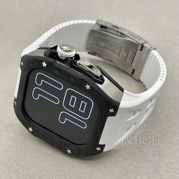 Apple Watch RSC2-Carbon Ultra 49mm 黑銀色碳纖維手錶殼(白色錶冠環+白色橡膠錶帶) Apple Watch手錶殼,Apple Watch不鏽鋼殼,Apple Watch保護殼,Apple Watch鋁合金殼,Apple Watch鈦合金殼,Apple Watch碳纖維殼,Apple Watch透明錶殼,Apple Watch錶帶