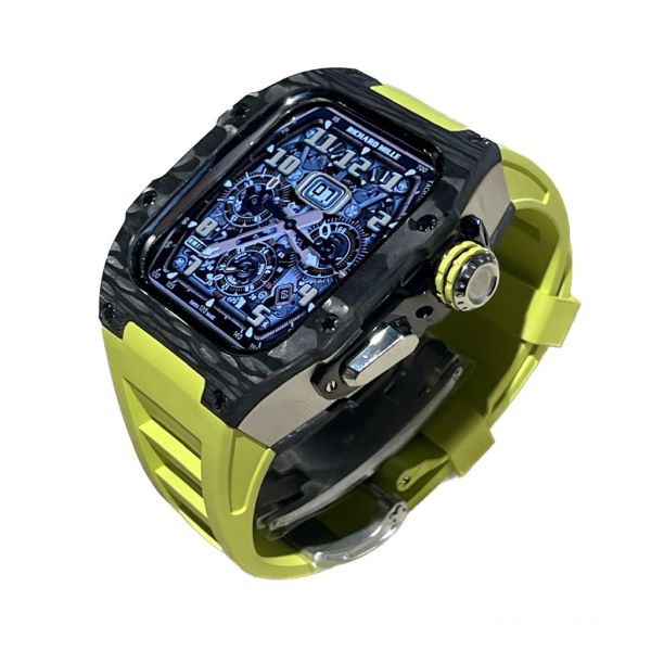 Apple Watch RSC-Carbon 44mm、45mm 黑色碳纖維銀框手錶殼(檸檬黃錶冠雙環+檸檬黃橡膠錶帶) Apple Watch手錶殼,Apple Watch不鏽鋼殼,Apple Watch保護殼,Apple Watch鋁合金殼,Apple Watch碳纖維殼,Apple Watch錶帶