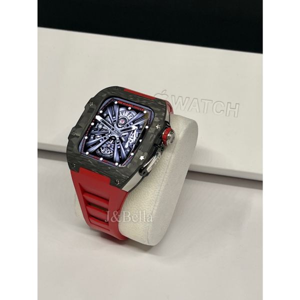 Apple Watch RSC-Carbon 44mm、45mm 黑色碳纖維手錶殼(紅色錶冠+紅色橡膠錶帶) Apple Watch手錶殼,Apple Watch不鏽鋼殼,Apple Watch錶殼,Apple Watch保護殼,Apple Watch錶帶