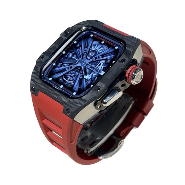 Apple Watch RSC-Carbon 44mm、45mm 黑色碳纖維銀框手錶殼(紅色錶冠雙環+紅色橡膠錶帶) Apple Watch手錶殼,Apple Watch不鏽鋼殼,Apple Watch保護殼,Apple Watch鋁合金殼,Apple Watch碳纖維殼,Apple Watch錶帶