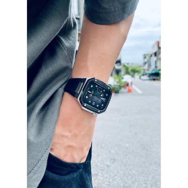 Apple Watch 40mm、41mm、45mm 手錶殼(銀色黑框-黑色橡膠錶帶) Apple Watch手錶殼,Apple Watch不鏽鋼殼,Apple Watch錶殼,Apple Watch保護殼,Apple Watch錶帶