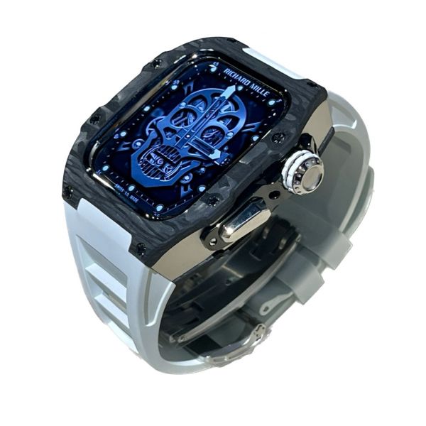 Apple Watch RSC-Carbon 44mm、45mm 黑色碳纖維銀框手錶殼(白色錶冠雙環+白色橡膠錶帶) Apple Watch手錶殼,Apple Watch不鏽鋼殼,Apple Watch保護殼,Apple Watch鋁合金殼,Apple Watch碳纖維殼,Apple Watch錶帶